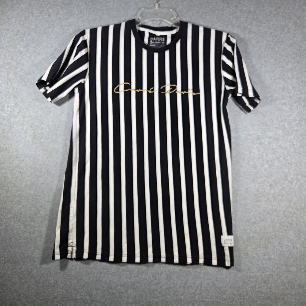 Carre Mens Striped T Shirt Medium Black White Vertical Stripe Gold Script Logo M